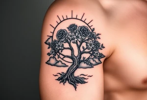 faded sun surrounding by clouds, big tree blooming with flowers tattoo idea