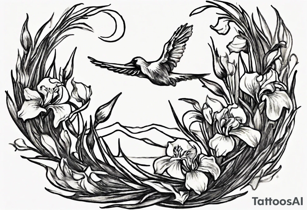 Create a small Vincent van Gogh Irises tattoo. The tattoo should take the form of a crescent, with vines gracefully intertwining at a central point in the middle of the wreath with a bird. The intended placement is on the upper chest. The overall design should be small in size while maintaining a delicate and artistic aesthetic. Pay attention to the graceful flow of the vines and the placement of the irises to achieve a refined and elegant look. tattoo idea