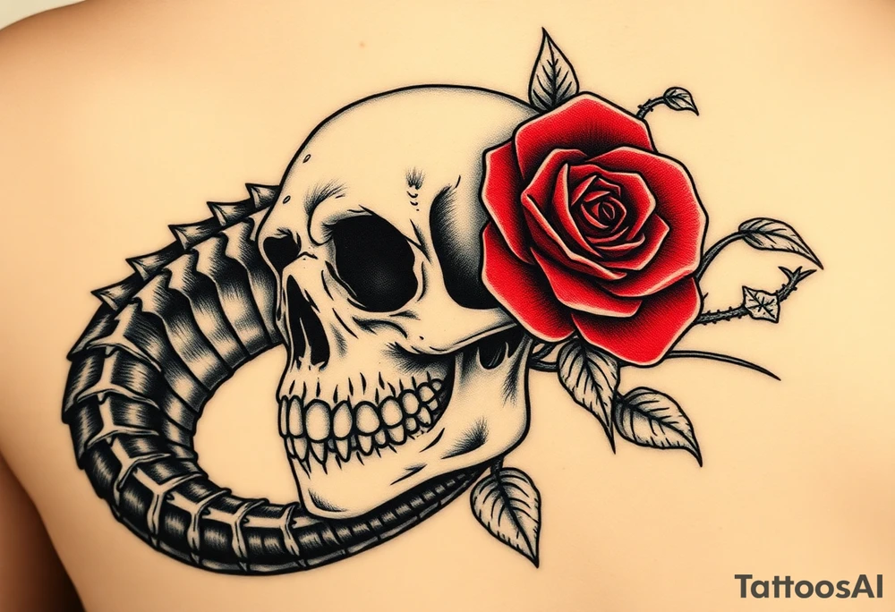 the Tudor rose at the center, all crimson petals edged in black velvet thorns, blooming right out of the skull’s eye socket like it’s growing from his bones. The skull’s grinning, but soft—like he’s in on the joke. And the alligator? He’s coiled around the whole thing, tail curling under the jaw, jaws open just enough to show teeth that look... almost tender. Like he’s protecting it. Or about to eat it.
Maybe a little mist, some ivy creeping up the spine of the rose. Dark greens, deep reds, charcoal shadows. No brights—just that old, heavy velvet feeling. tattoo idea