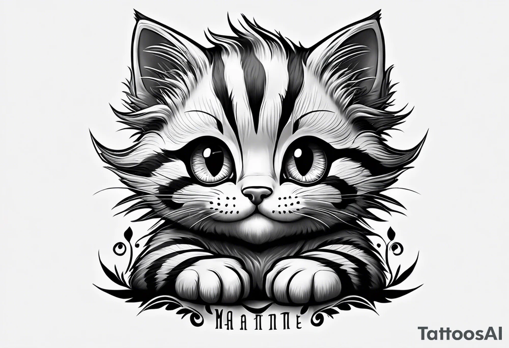 Cute Maine coon kitten dressed like Cheshire cat tattoo idea