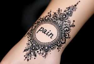 Indian style Henna tattoo for the inner wrist include the word pain in small font tattoo idea