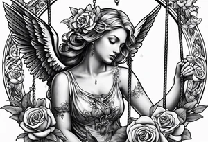 crying broken angel on swing with rose, lily daffodil, daisy, carnation narcissus and hummingbird tattoo idea