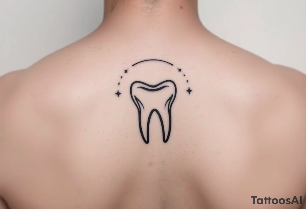Ultra-minimalist molar tooth with a thin curved line forming a halo above, and two small dots on each side like distant stars, refined and elegant.” tattoo idea