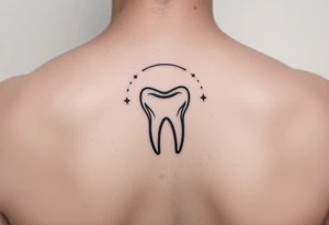 Ultra-minimalist molar tooth with a thin curved line forming a halo above, and two small dots on each side like distant stars, refined and elegant.” tattoo idea