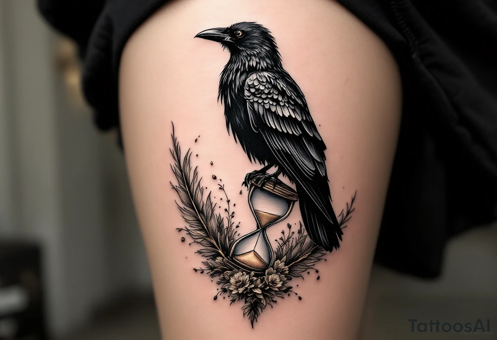 Crow and Hourglass – A crow perched on a tipped hourglass, with sand falling into feathers. Monochrome with accents of dusty gold and shadowy browns. tattoo idea