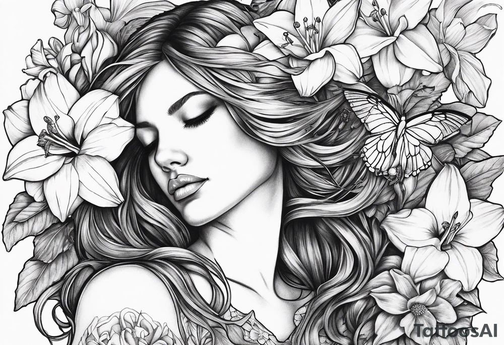 broken angel with head down and face covered by her hair with sagging broken wings surrounded by lily, daffodil, rose, daisy, narcissus holding a hummingbird tattoo idea