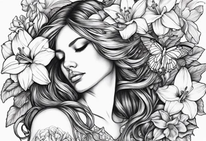 broken angel with head down and face covered by her hair with sagging broken wings surrounded by lily, daffodil, rose, daisy, narcissus holding a hummingbird tattoo idea