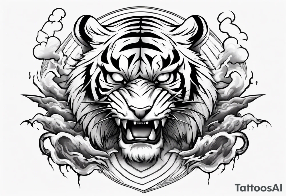 A thundergod tiger forearm tattoo, with lightning and clouds filling the area tattoo idea