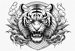 A thundergod tiger forearm tattoo, with lightning and clouds filling the area tattoo idea
