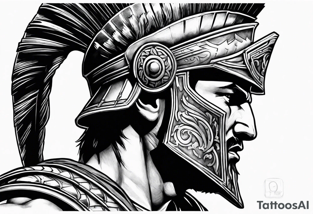 Side profile Spartan Solider ancient roman city far away tattoo idea