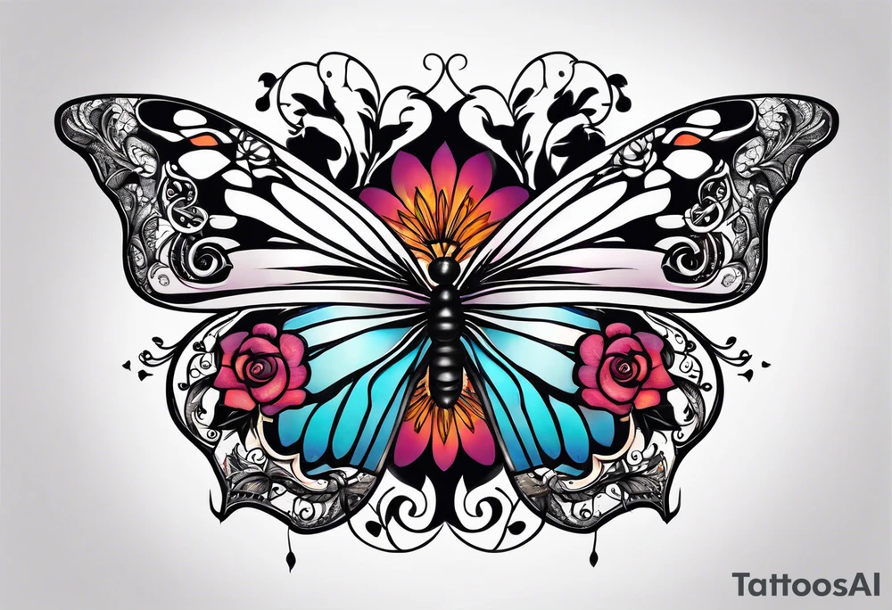 Half butterfly half flower tattoo idea
