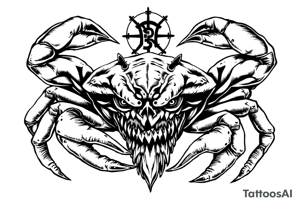 An angry crab with an angry unnatural face its claws scary with a zodiac symbol prominent tattoo idea