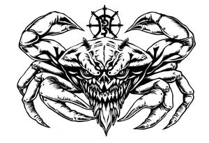 An angry crab with an angry unnatural face its claws scary with a zodiac symbol prominent tattoo idea