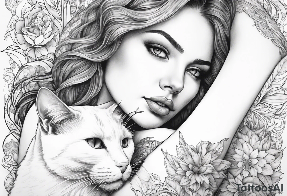 white cat sitting on beautiful woman laps tattoo idea