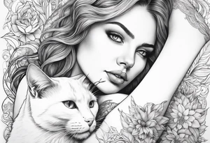 white cat sitting on beautiful woman laps tattoo idea