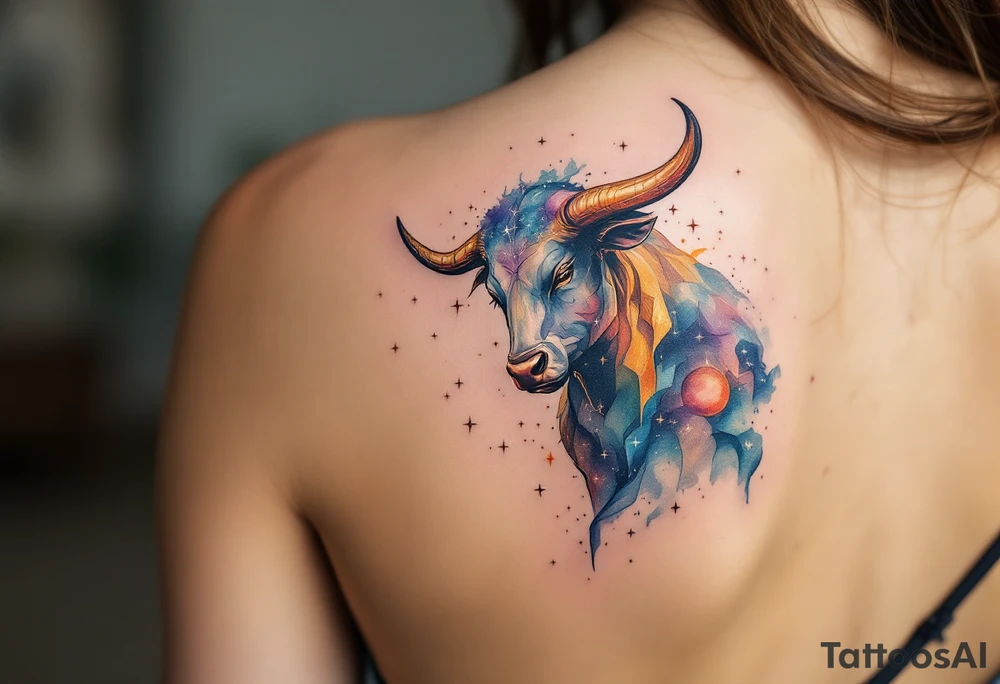 Bathed in creamy starlight, the Taurus bull stands firm amid cosmic chaos lookig at taurus star constellation tattoo idea