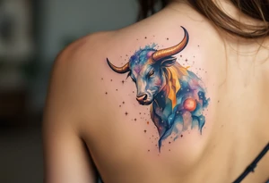Bathed in creamy starlight, the Taurus bull stands firm amid cosmic chaos lookig at taurus star constellation tattoo idea