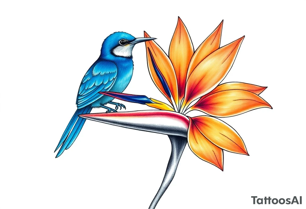 Bird of paradise flower with blue bird tattoo idea