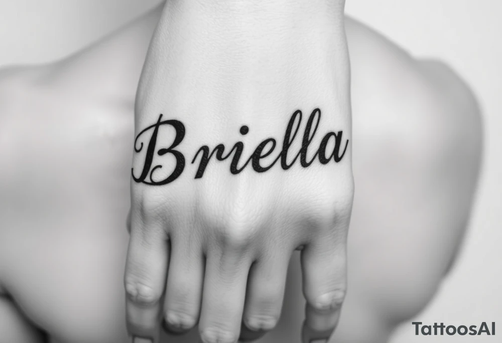 "Briella" in gothic font on hand along thumb tattoo idea
