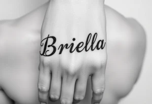 "Briella" in gothic font on hand along thumb tattoo idea