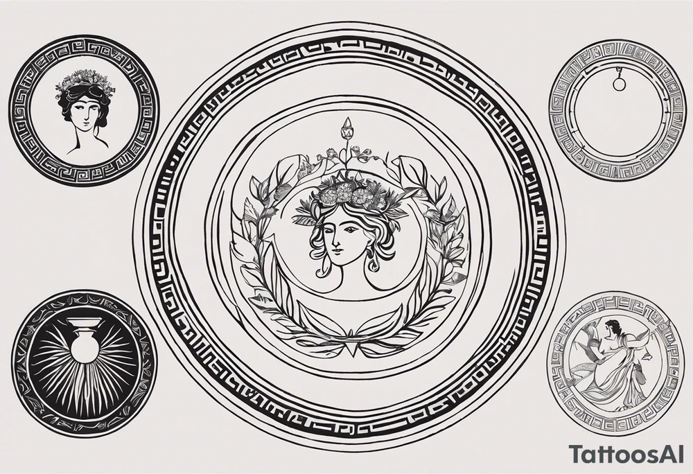 "Craft a minimalist round tattoo inspired by ancient Greek art, featuring Clio, the muse of history. Design a circular composition with Clio depicted in the center, holding a scroll. Surround her with simple yet symbolic elements such as laurel wreaths, scrolls, or geometric patterns reminiscent of ancient Greek pottery. Ensure the design maintains a minimalist style, with clean lines and limited detail, while capturing the essence of Clio's affinity for knowledge and the arts within the circular frame." tattoo idea
