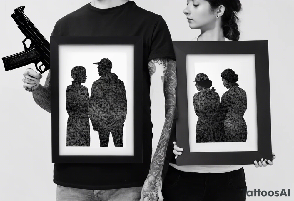 A reflection of two black  siloets of people  holding guns at two siloets dead tattoo idea