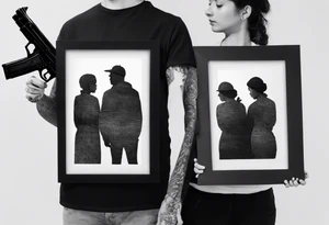 A reflection of two black  siloets of people  holding guns at two siloets dead tattoo idea