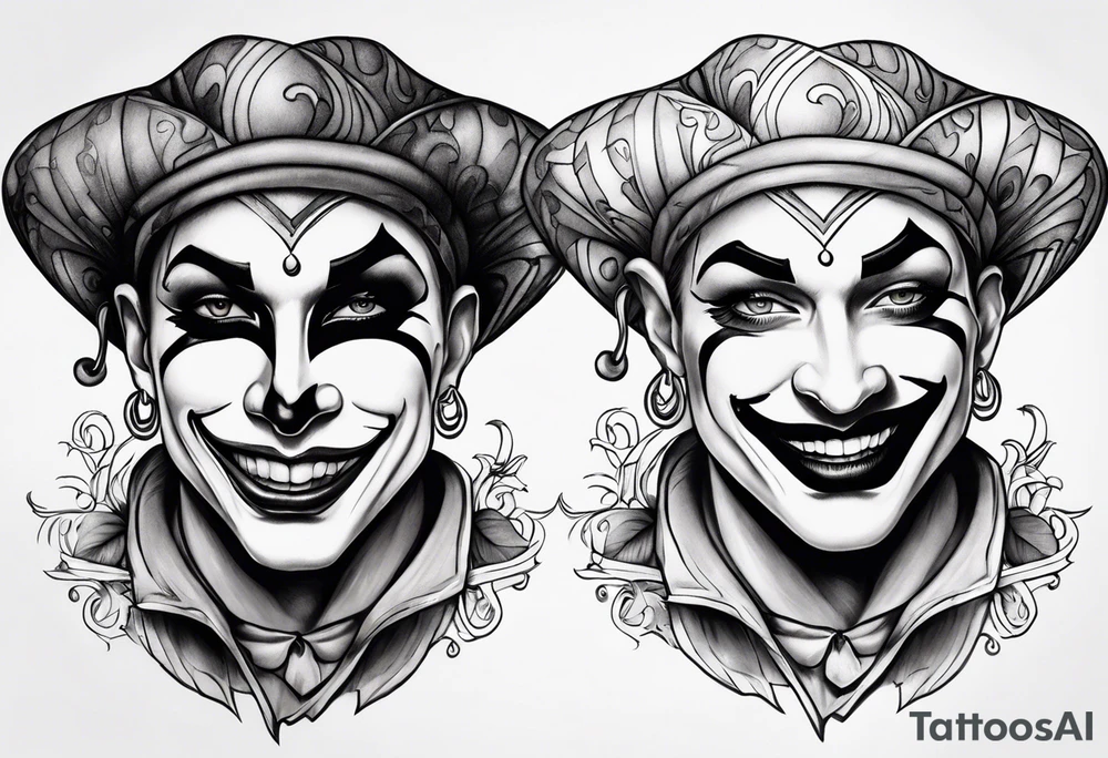 Happy and sad two face jester tattoo idea