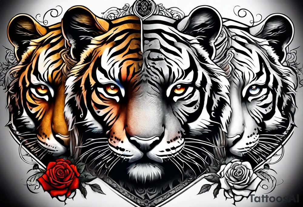A full sleeve tiger with a crown and third eye with a hour glass instead the hour glass brain cover in in clouds and a heart cover in grass and roots with roses and smoke all over the arm tattoo idea