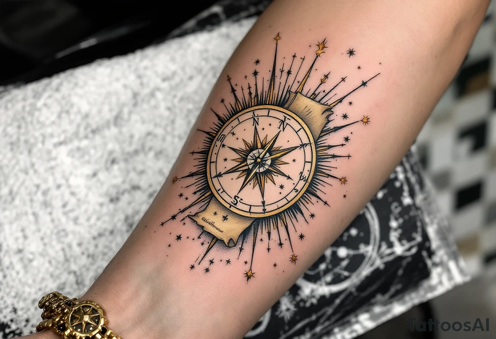 A vintage-style celestial tattoo featuring Sagittarius stars constellation, a compass, and golden sunbursts on a parchment-colored background. tattoo idea