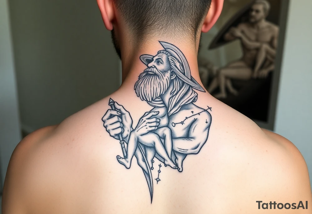 a tattoo design of the Greek God Saturn but older and nearly dying holding his spear in one hand with the Saturn Symbol as the spear head, in his other arms cradling a twin dying younger version of himself. The gemini constellation is in the background behind the Saturn Gods tattoo idea
