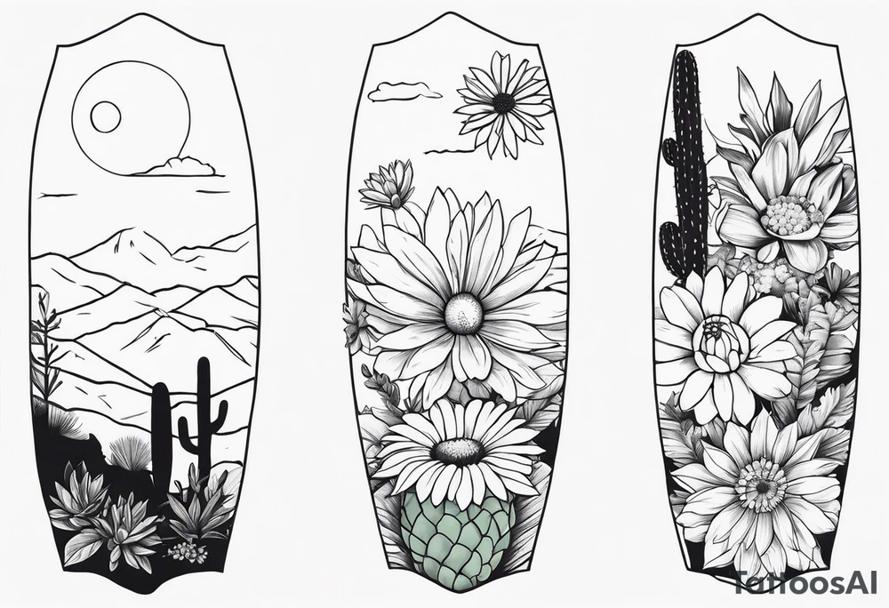 Forearm sleeve with cactus, daisies, and greenery tattoo idea