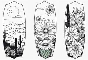 Forearm sleeve with cactus, daisies, and greenery tattoo idea