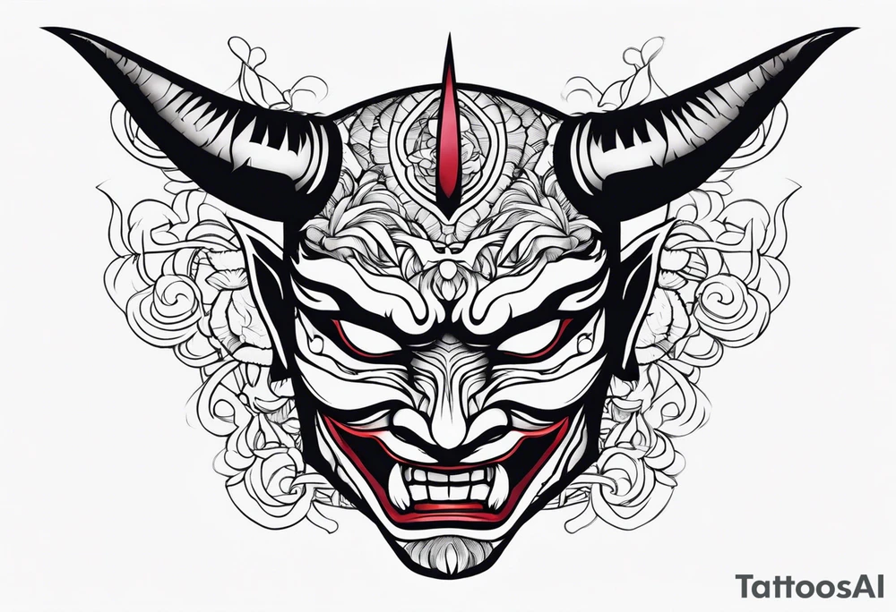 A cabeça de um homem com a cabeça raspada usando uma máscara de hannya tattoo idea