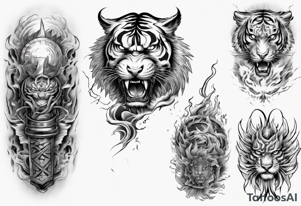 Tiger Warrior sleeve tattoo with lightning and the sun
Forearm sleeve tattoo idea