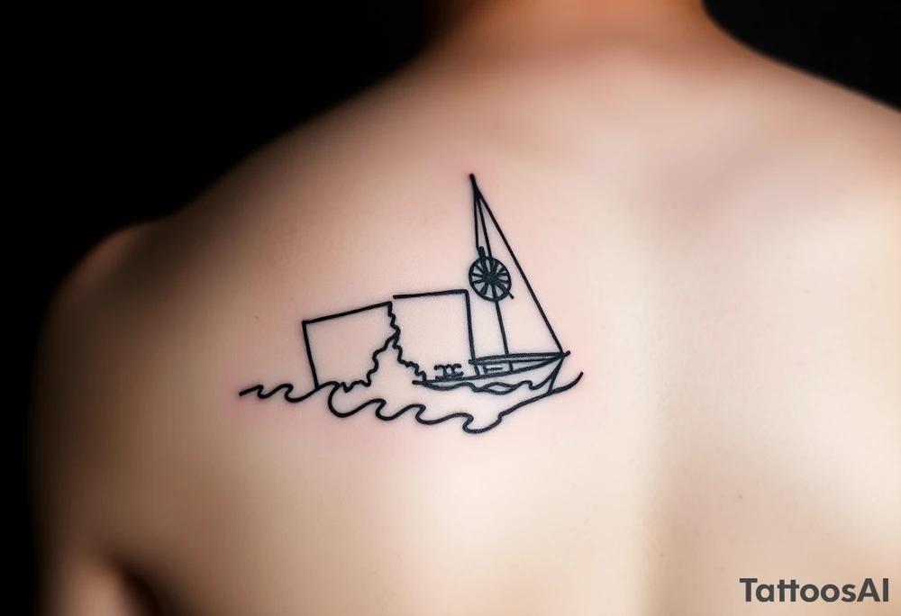 State Silhouettes: Waves forming the shapes of Texas, Connecticut, and Washington state, indicating the places you’ve called home.
	•	Navy Emblem: A subtle Navy insignia on the sail, honoring your spouse’s service.
	•	Cosmetology Symbols: Incorporate a comb and scissors subtly into the boat’s rigging or hull design. tattoo idea