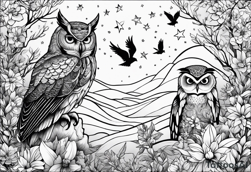 Winter sky, flowers, owls, stars, tattoo idea