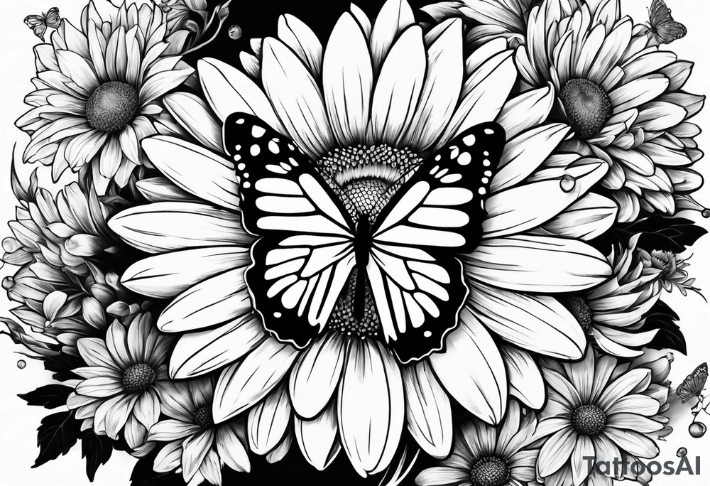daisies, chrysanthemum and morning glories with a butterfly tattoo idea