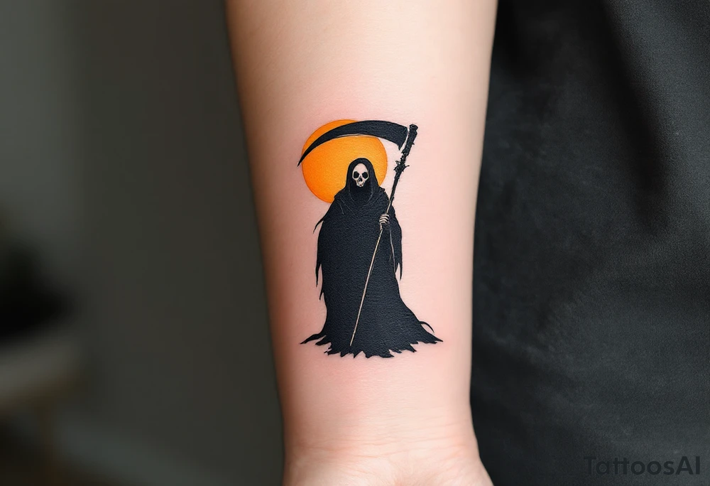 A minimalist black Grim Reaper silhouette with a glowing orange moon behind him. tattoo idea