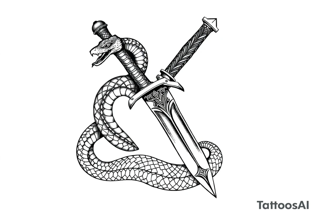 mystical snake coiled around an ancient dagger with jeweled hilt tattoo idea
