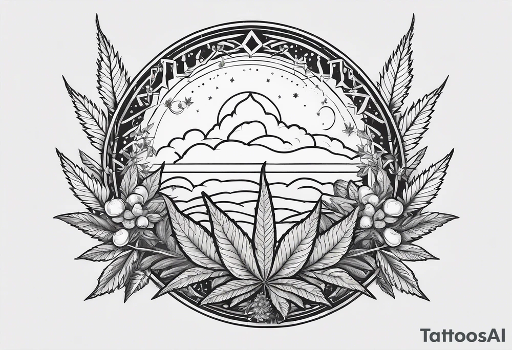 Minimal line art of cannabis plant from base to top with buds blooming. Around it are other plants like pothos leaves and mushrooms about to fruit. Incorporate the solar cycle and lunar cycle. Add crystals tattoo idea