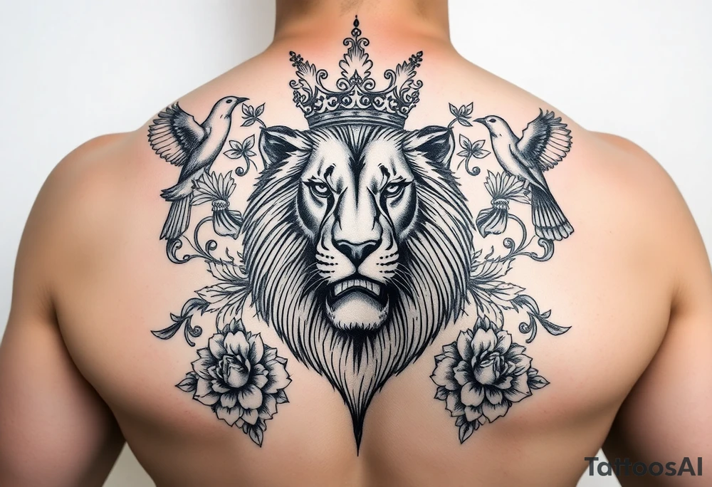 powerful majestic lion with a crown, surrounded by floral ornaments and birds tattoo idea