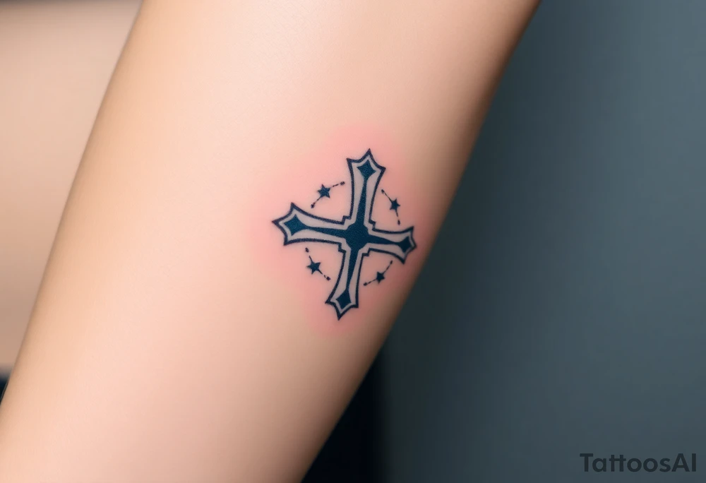 A celestial blue Templar cross with silver constellations in the background, representing divine protection tattoo idea