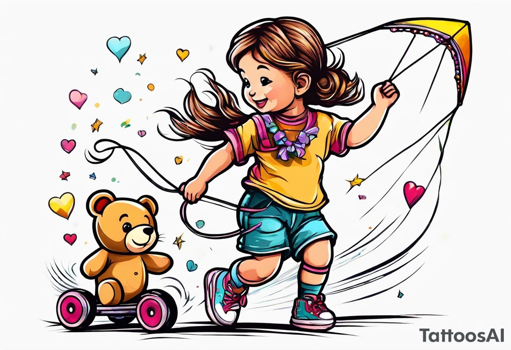 the back of a little girl running away holding a kite with a roller skating teddy bear behind her tattoo idea