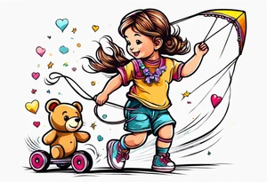 the back of a little girl running away holding a kite with a roller skating teddy bear behind her tattoo idea
