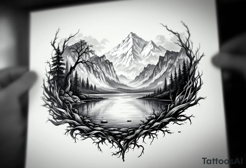 Large lake scene tattoo idea