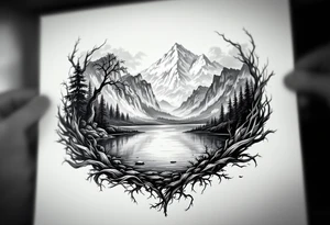 Large lake scene tattoo idea