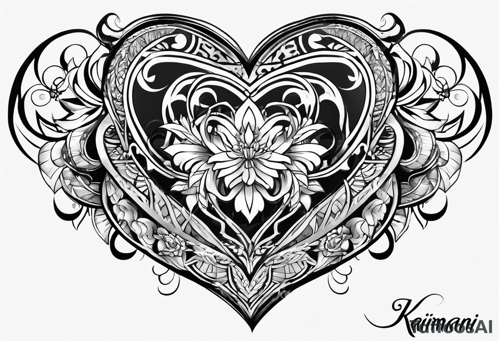 A tattoo with the name: kaimani with a heart tattoo idea