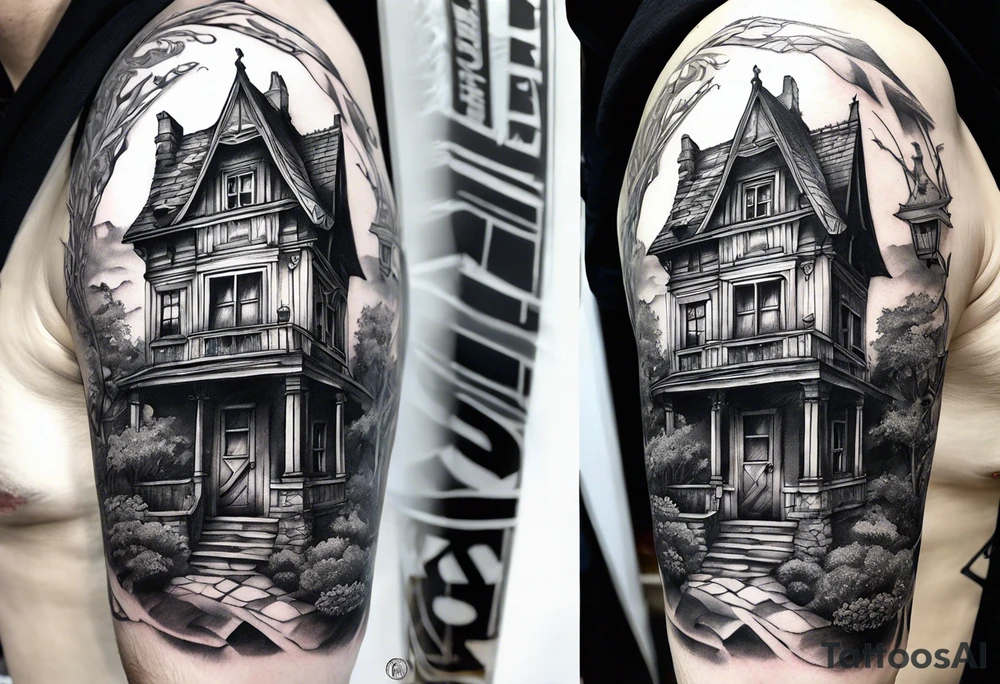 fool sleeve,, abandoned old gotic house, broken sword tattoo idea