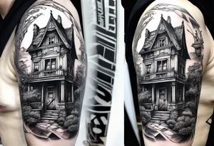 fool sleeve,, abandoned old gotic house, broken sword tattoo idea